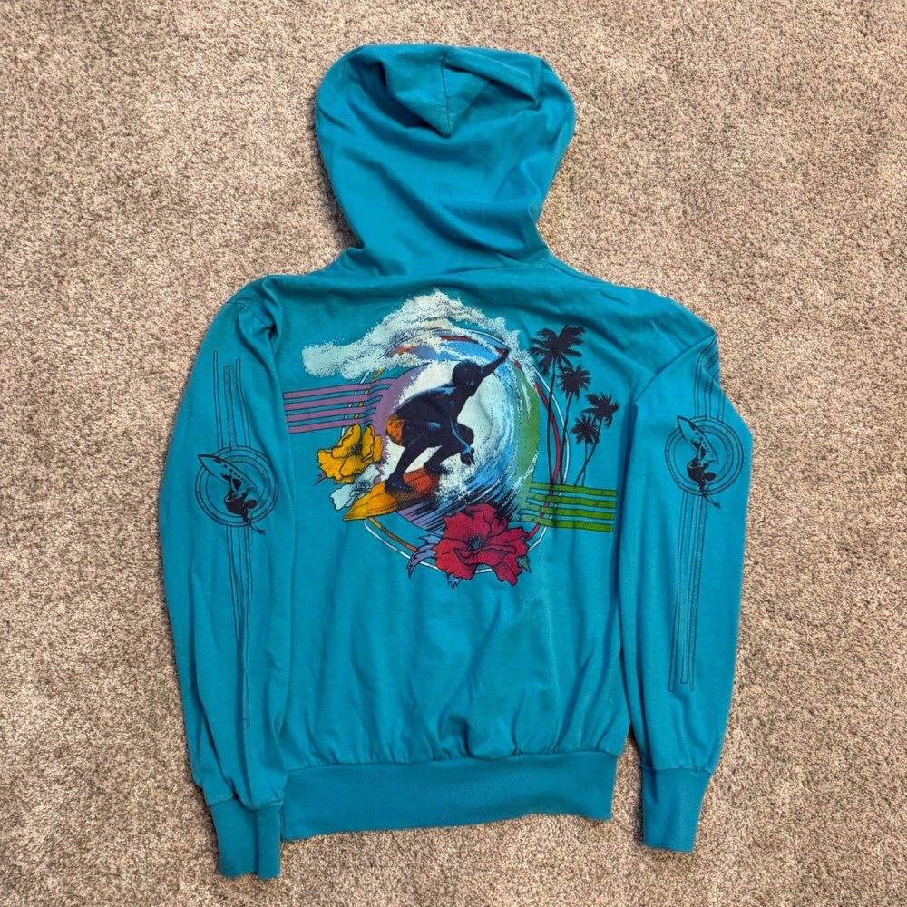 Vintage 80s Fun-Tees Surfer Graphic Hoodie Turquoise Surf Made in USA Small